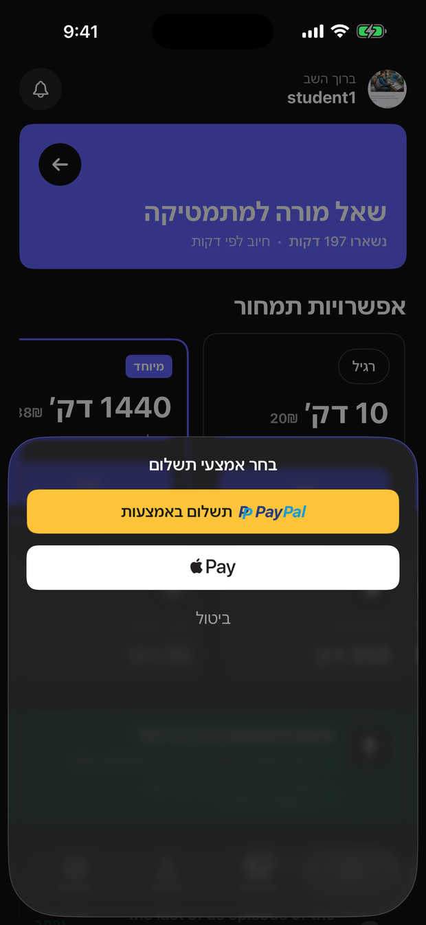 בחירת אמצעי תשלום במצב כהה